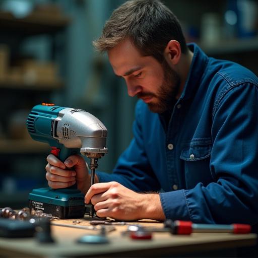 Juruteknik sedang membaiki sebuah mesin gerudi